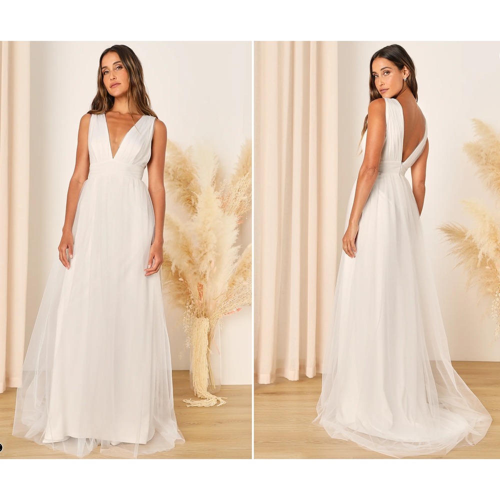 Lulus Heavenly Hue White Tulle Sleeveless Maxi Dress Size M Bridal Beach Wedding